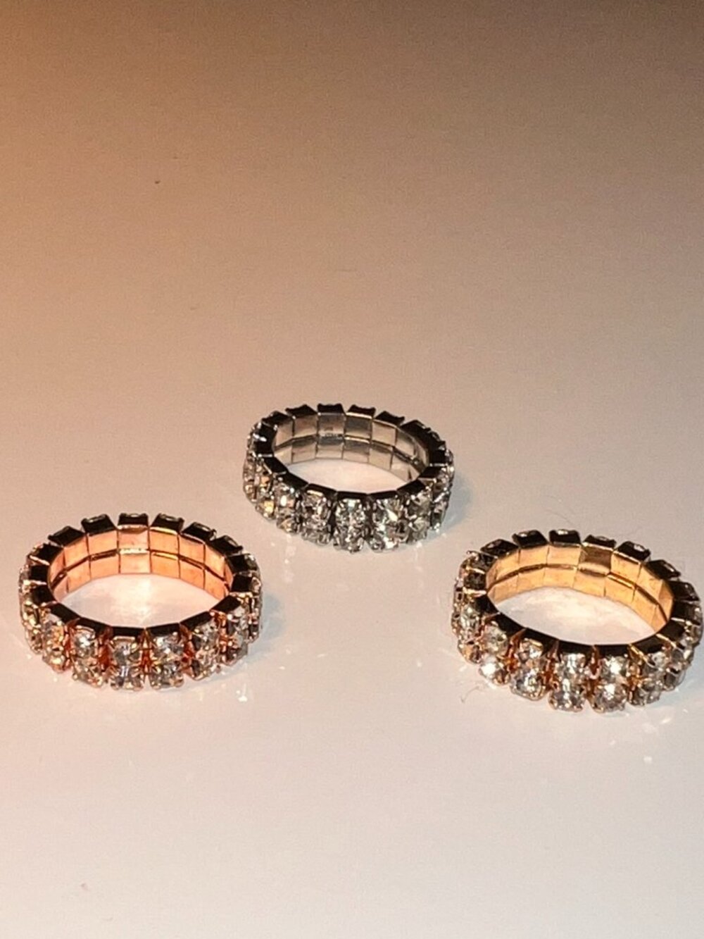 New - Size 6-12 rhinestone stretch band rings rose gold, silver, and gold-tone